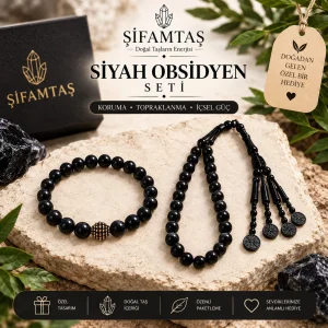 Siyah Obsidyen Doğal Taş Seti (Bileklik ve Tesbih)
