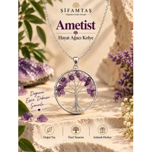 Ametist Doğal Taş Hayat Ağacı Kolye