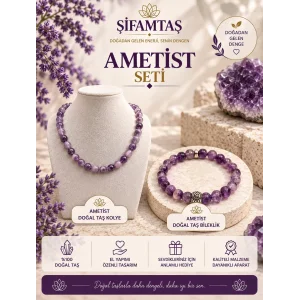 Ametist Doğal Taş Set (Bileklik ve Kolye)