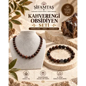 Kahverengi Obsidyen Doğal Taş Seti (Bileklik ve Kolye)