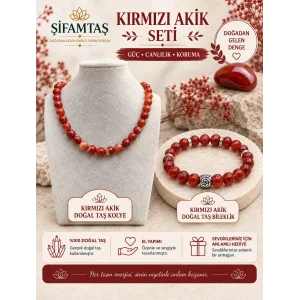 Kırmızı Akik Doğal Taş Seti (Bileklik ve Kolye)