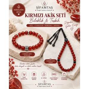 Kırmızı Akik Doğal Taş Seti (Bileklik ve Tesbih)