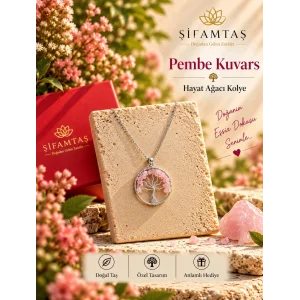 Pembe Kuvars Doğal Taş Hayat Ağacı Kolye
