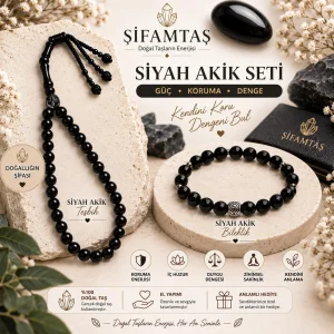 Siyah Akik Doğal Taş Seti (Bileklik ve Tesbih)