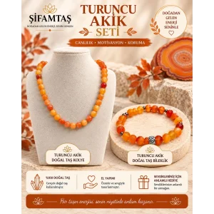 Turuncu Akik Doğal Taş Seti (Bileklik ve Kolye)