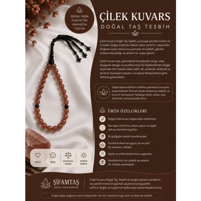 ÇİLEK KUVARS DOĞAL TAŞ TESBİH