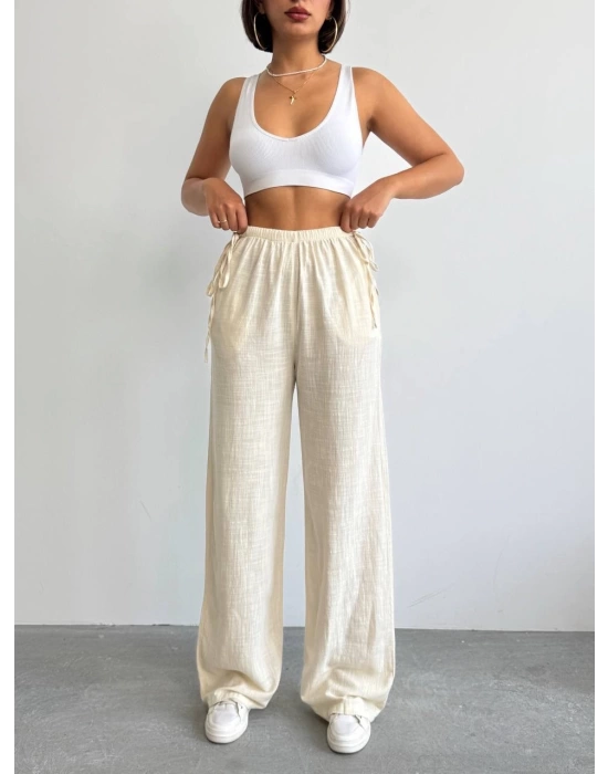 Nuray Model Yazlık %100 Keten Bol Paça Yandan Bağcıklı Pantolon
