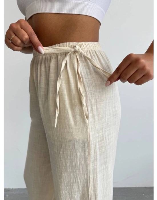 Nuray Model Yazlık %100 Keten Bol Paça Yandan Bağcıklı Pantolon