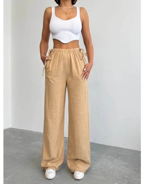 Nuray Model Yazlık %100 Keten Bol Paça Yandan Bağcıklı Pantolon