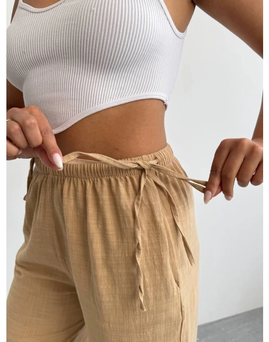 Nuray Model Yazlık %100 Keten Bol Paça Yandan Bağcıklı Pantolon