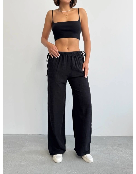 Nuray Model Yazlık %100 Keten Bol Paça Yandan Bağcıklı Pantolon