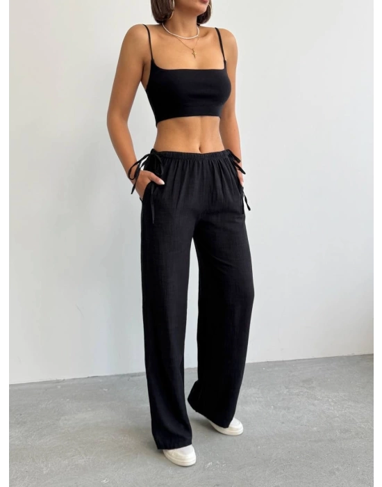 Nuray Model Yazlık %100 Keten Bol Paça Yandan Bağcıklı Pantolon