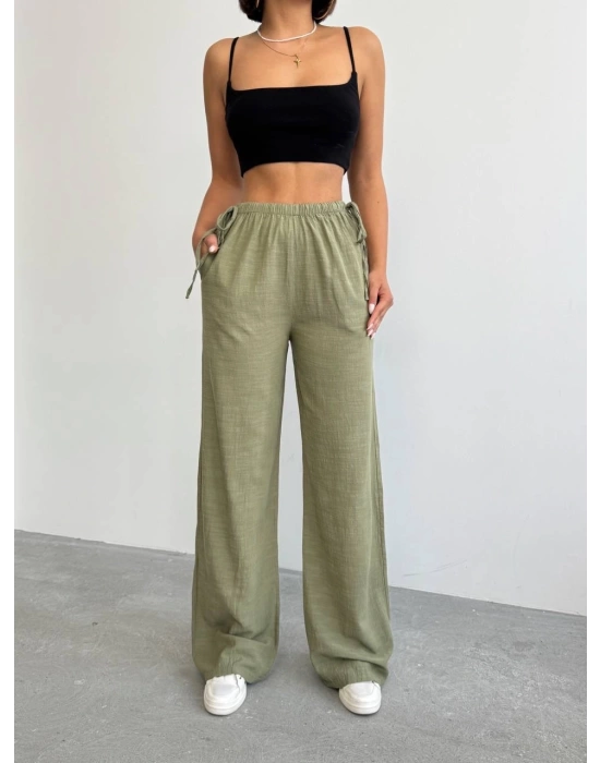 Nuray Model Yazlık %100 Keten Bol Paça Yandan Bağcıklı Pantolon