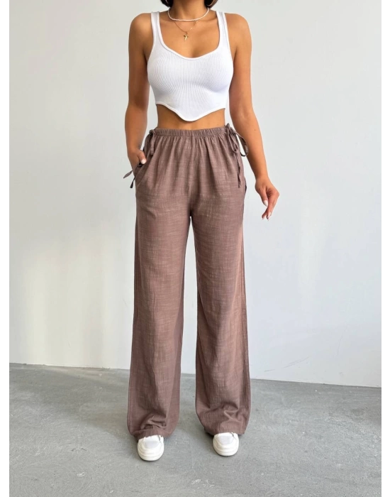Nuray Model Yazlık %100 Keten Bol Paça Yandan Bağcıklı Pantolon