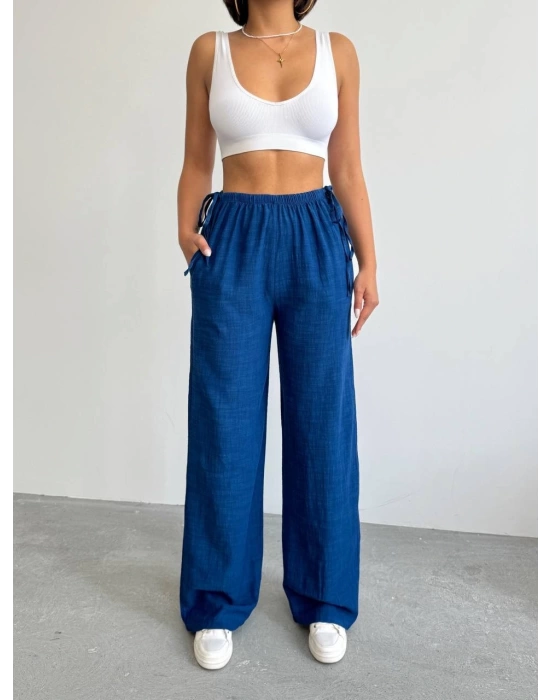 Nuray Model Yazlık %100 Keten Bol Paça Yandan Bağcıklı Pantolon