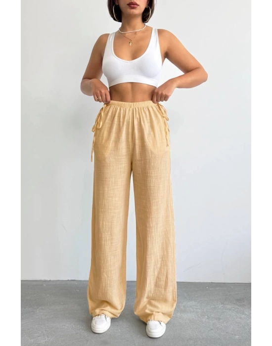 Nuray Model Yazlık %100 Keten Bol Paça Yandan Bağcıklı Pantolon