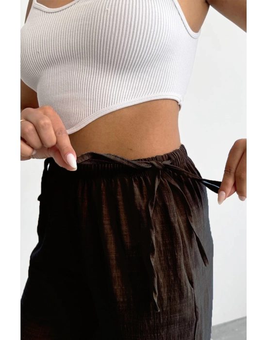Nuray Model Yazlık %100 Keten Bol Paça Yandan Bağcıklı Pantolon