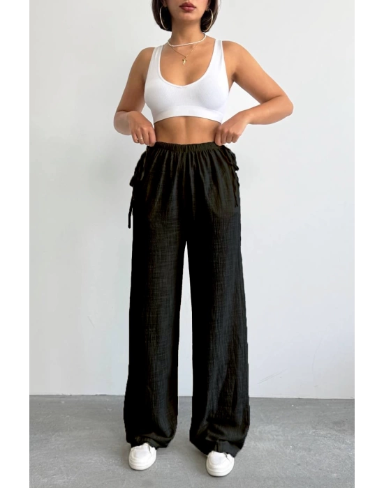 Nuray Model Yazlık %100 Keten Bol Paça Yandan Bağcıklı Pantolon
