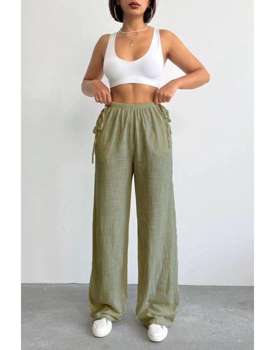 Nuray Model Yazlık %100 Keten Bol Paça Yandan Bağcıklı Pantolon