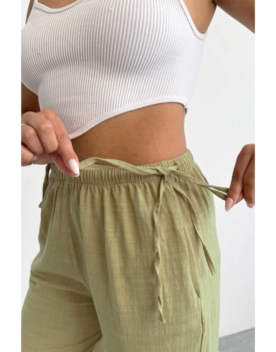Nuray Model Yazlık %100 Keten Bol Paça Yandan Bağcıklı Pantolon