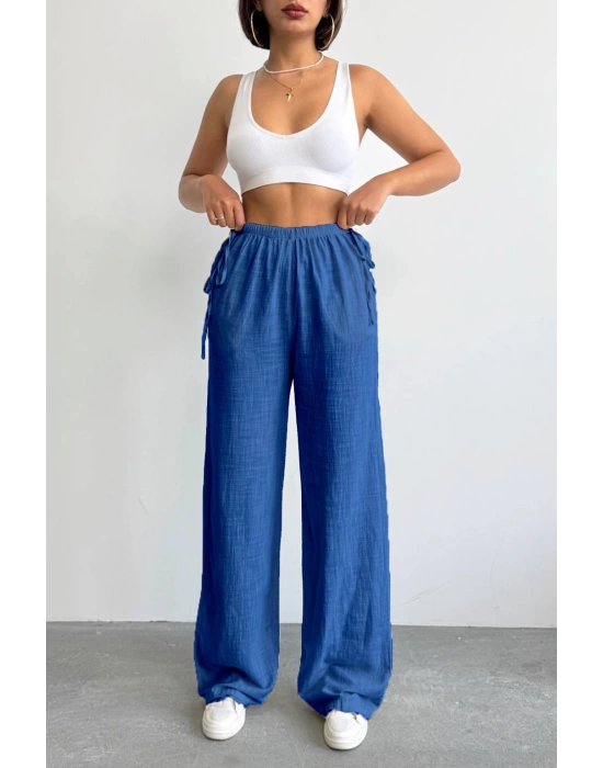 Nuray Model Yazlık %100 Keten Bol Paça Yandan Bağcıklı Pantolon