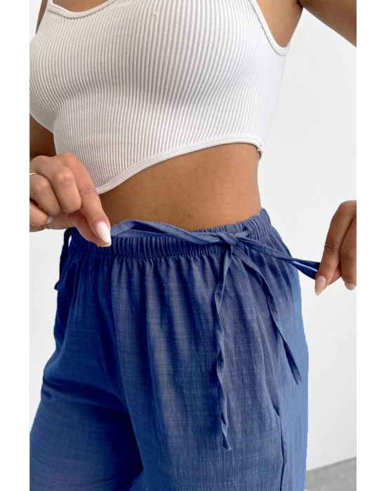 Nuray Model Yazlık %100 Keten Bol Paça Yandan Bağcıklı Pantolon