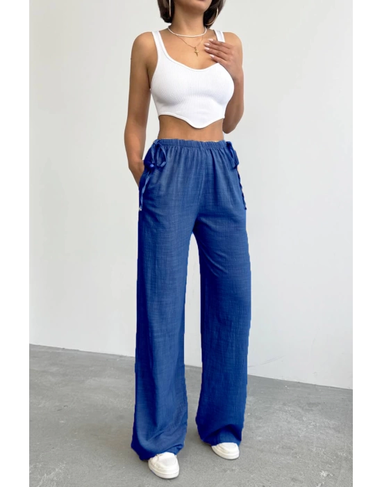 Nuray Model Yazlık %100 Keten Bol Paça Yandan Bağcıklı Pantolon