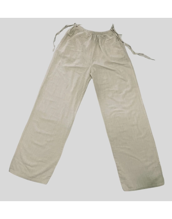 Kadın Yazlık %100 Keten Bol Paça Pantolon – Yandan Bağcıklı, Rahat Kesim