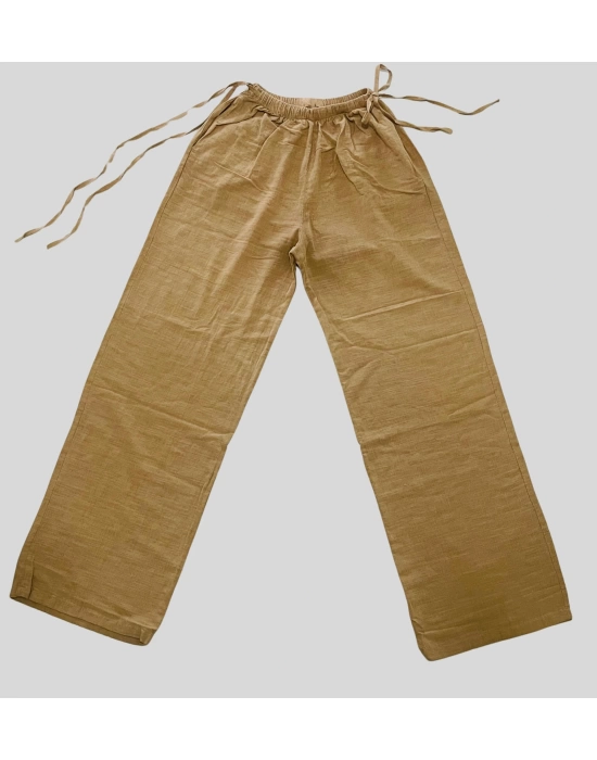 Kadın Yazlık %100 Keten Bol Paça Pantolon – Yandan Bağcıklı, Rahat Kesim