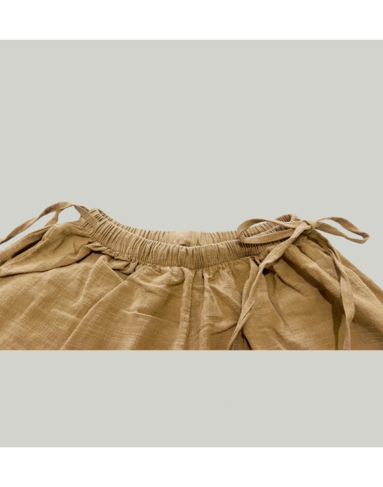 Kadın Yazlık %100 Keten Bol Paça Pantolon – Yandan Bağcıklı, Rahat Kesim