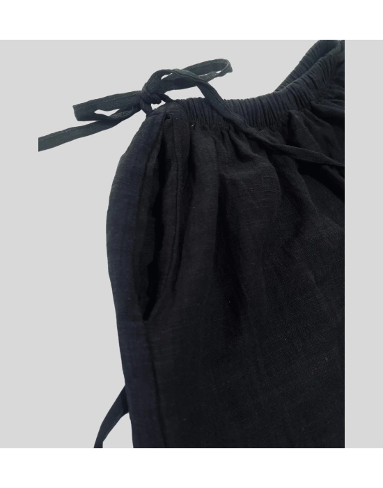 Kadın Yazlık %100 Keten Bol Paça Pantolon – Yandan Bağcıklı, Rahat Kesim