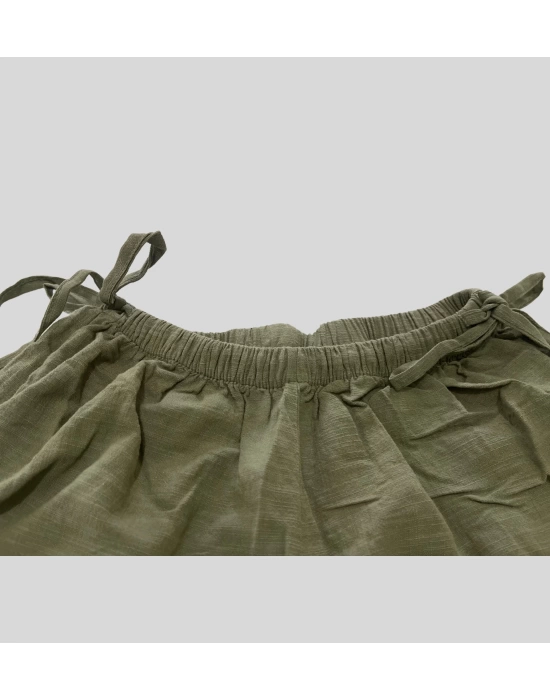 Kadın Yazlık %100 Keten Bol Paça Pantolon – Yandan Bağcıklı, Rahat Kesim