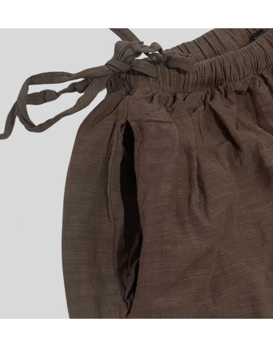 Kadın Yazlık %100 Keten Bol Paça Pantolon – Yandan Bağcıklı, Rahat Kesim