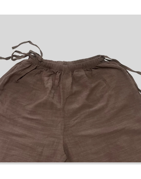 Kadın Yazlık %100 Keten Bol Paça Pantolon – Yandan Bağcıklı, Rahat Kesim