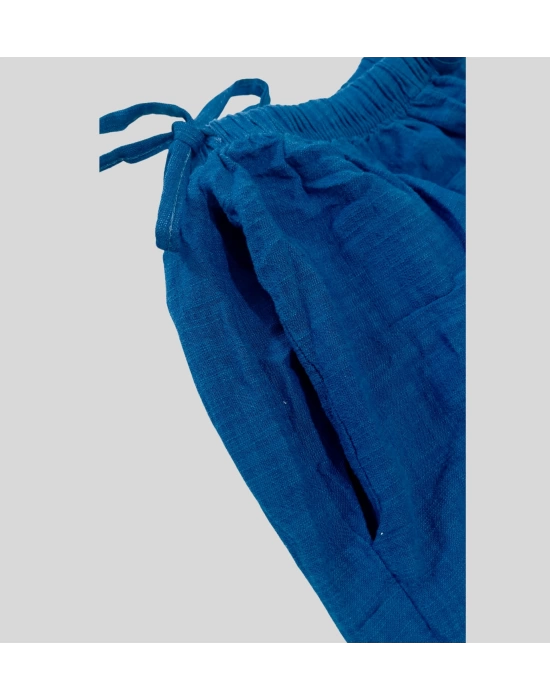 Kadın Yazlık %100 Keten Bol Paça Pantolon – Yandan Bağcıklı, Rahat Kesim