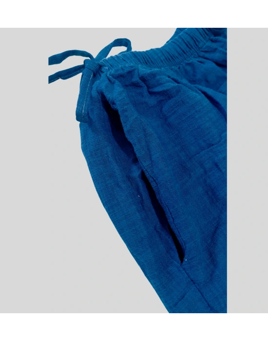 Kadın Yazlık %100 Keten Bol Paça Pantolon – Yandan Bağcıklı, Rahat Kesim