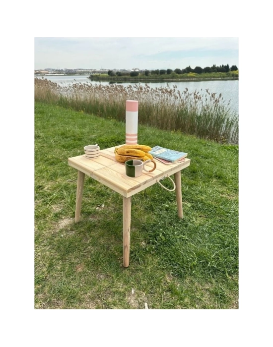 Katlanır Kamp Masası, Ahşap Piknik Masası, Balkon Masası Bej