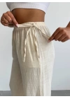 Nuray Model Yazlık %100 Keten Bol Paça Yandan Bağcıklı Pantolon