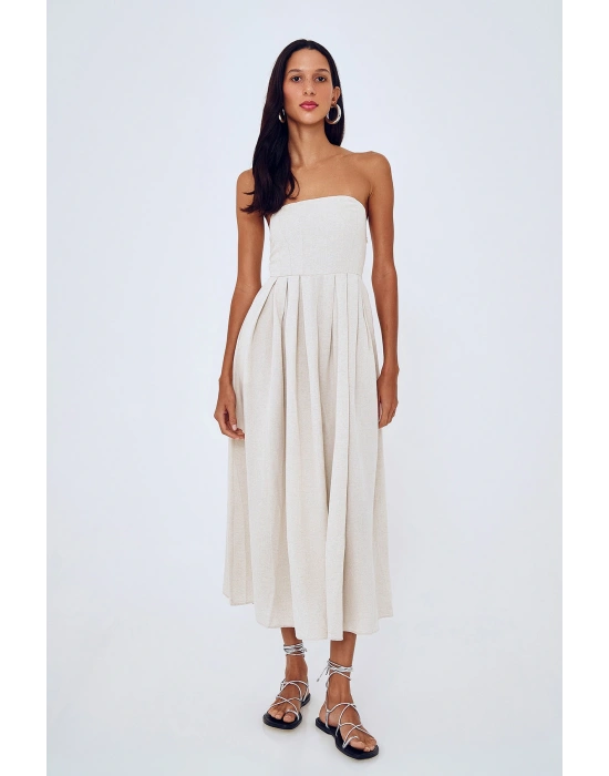 Straplez Detaylı Uzun Keten Elbise Naturel