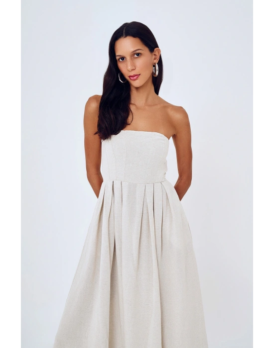 Straplez Detaylı Uzun Keten Elbise Naturel