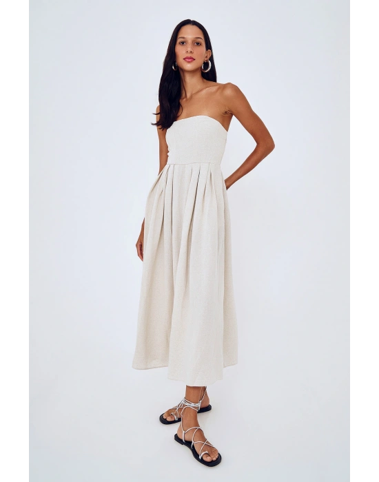 Straplez Detaylı Uzun Keten Elbise Naturel