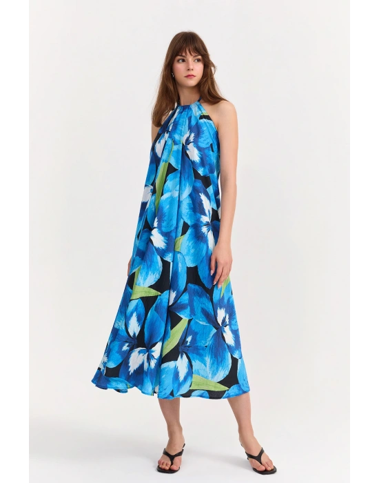 Boyundan Bağlamalı Desenli Uzun Elbise Mavi