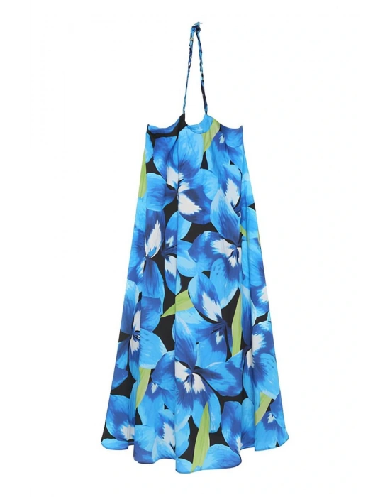 Boyundan Bağlamalı Desenli Uzun Elbise Mavi