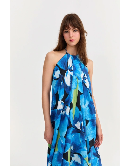 Boyundan Bağlamalı Desenli Uzun Elbise Mavi