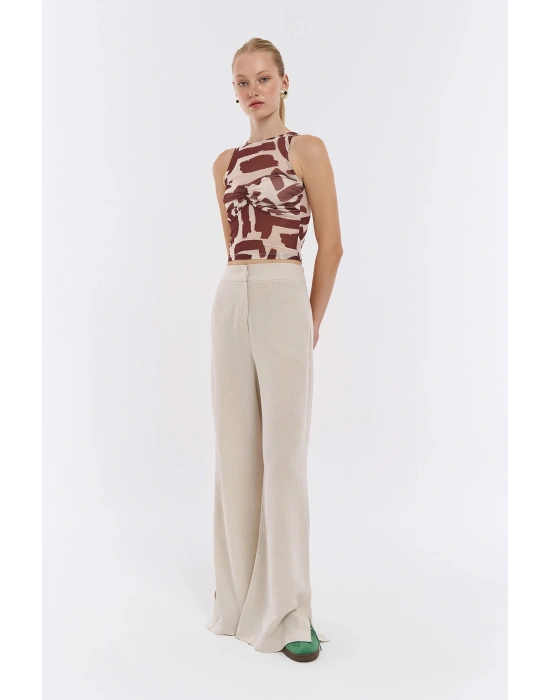 Cep Detaylı Yüksek Bel Geniş Paça Pantolon Naturel