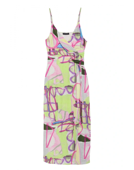 Desenli Anvelop Keten Elbise Yeşil