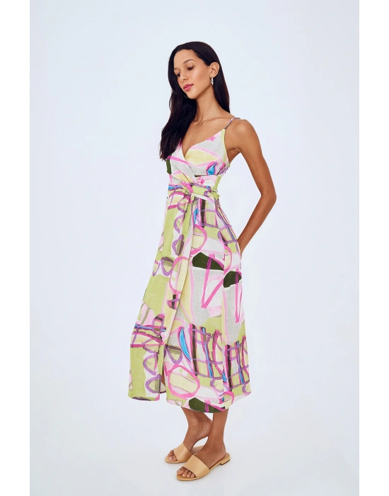 Desenli Anvelop Keten Elbise Yeşil