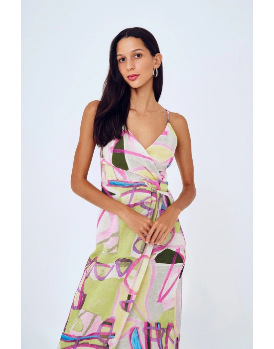 Desenli Anvelop Keten Elbise Yeşil