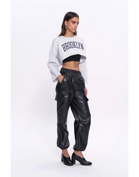 Kargo Cep Detaylı Beli Lastikli Deri Pantolon Siyah
