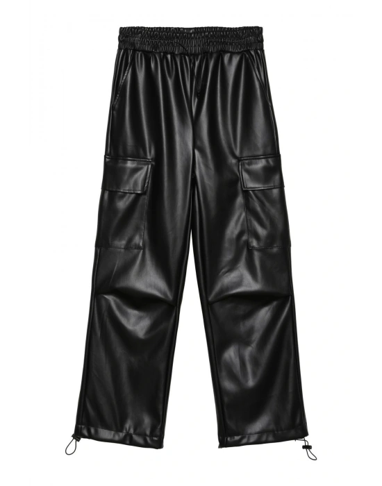 Kargo Cep Detaylı Beli Lastikli Deri Pantolon Siyah